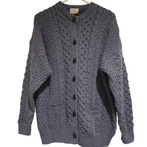 Shannon Woolen Mills Ireland Blue Merino Wool Fisherman Cable Knit Cardigan, XL